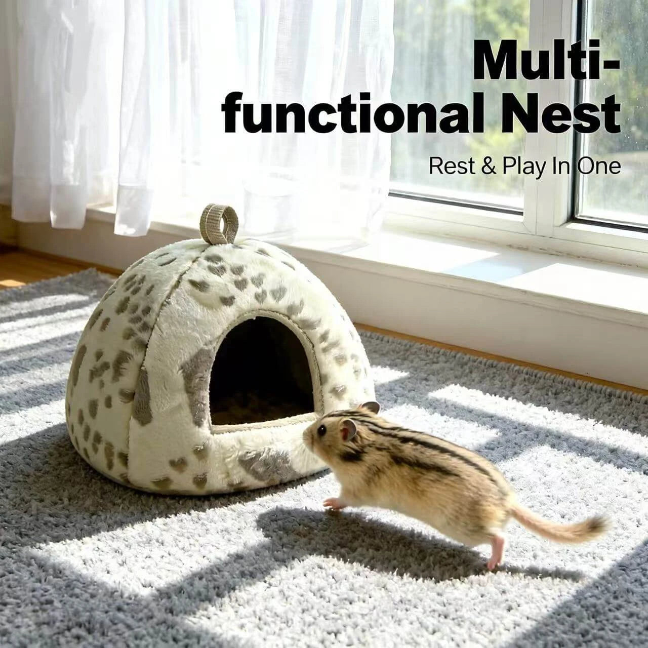 Comfortable Warm Hamster Nest For Dwarf/Syrian Hamsters - Plush, Heart Pattern, Hanging Loop (Beige-Gray)