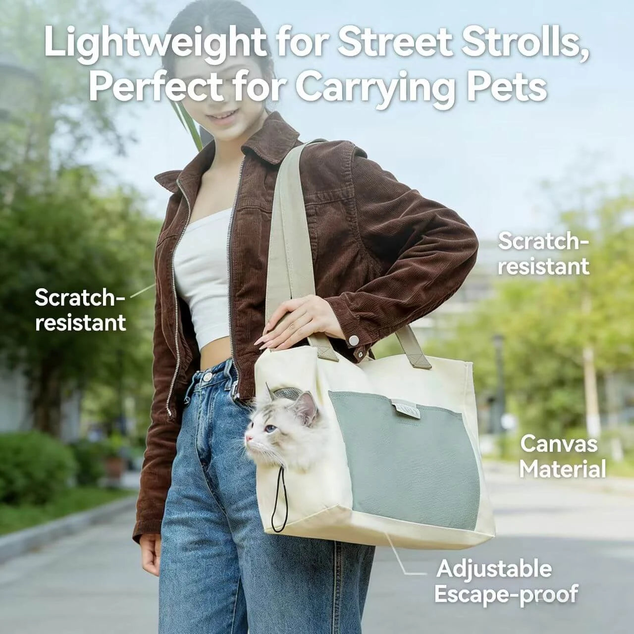 Travel Pet Tote Carrier - Stylish Color-Block, Adjustable, Beige & Green