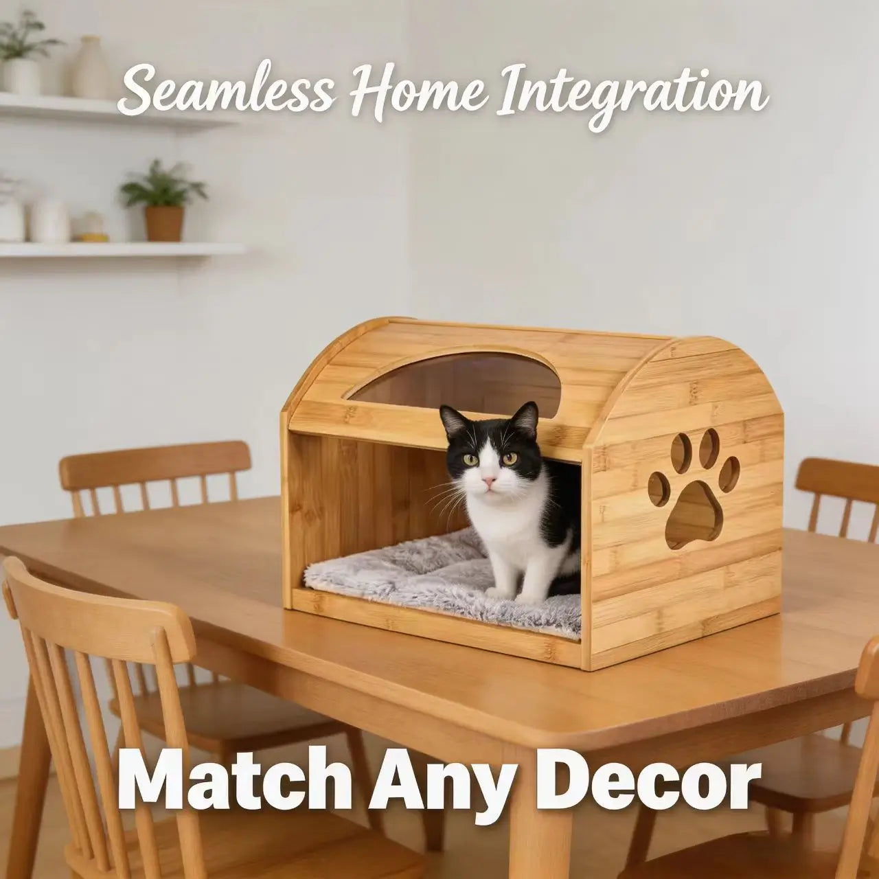 Bamboo Cat House - Paw Print Cutout, Plush Cushion, Natural Bamboo