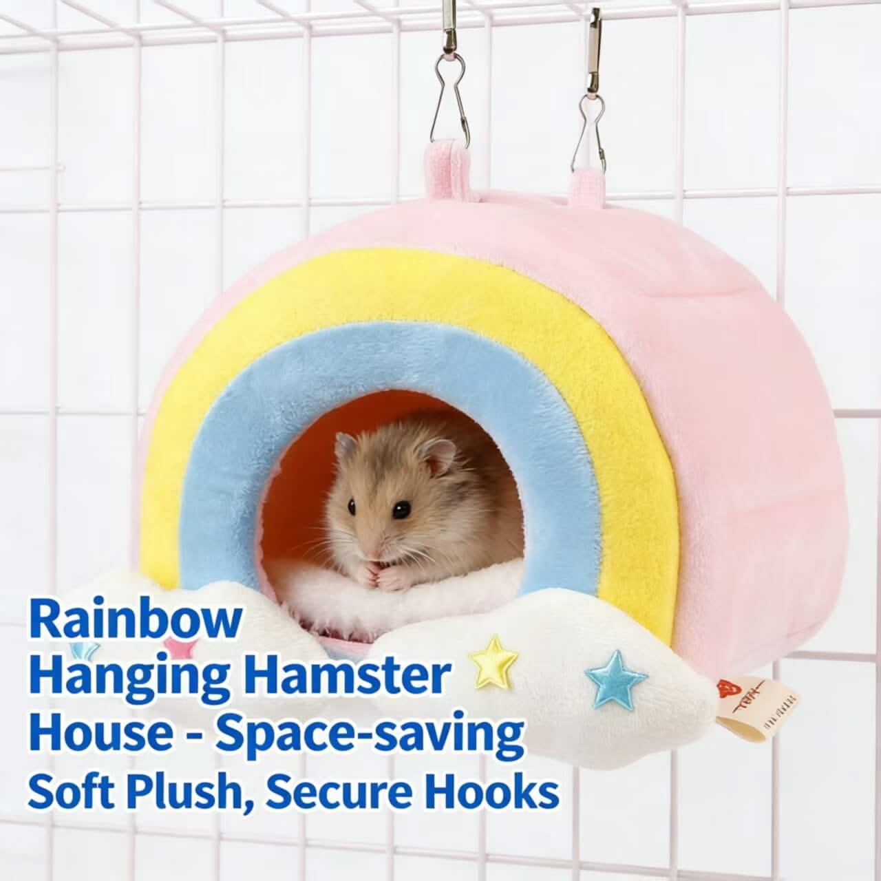 Space-saving Hanging Hamster House for Hamsters - Rainbow Shape, Multi-color, Soft Plush, Secure Hooks