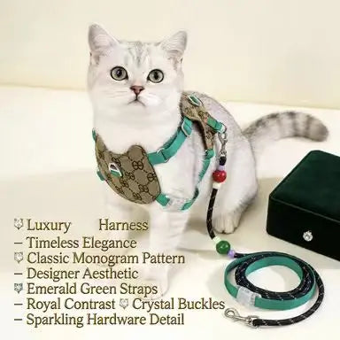 Escape-Proof Cat Harness & Leash: Luxury Monogram Print, Breathable Mesh