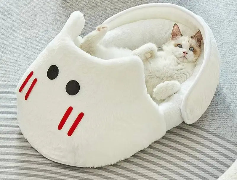 Ghost-Shaped Cat Bed: Cozy Rest, Plush Surface, Cute Design (White-Red)