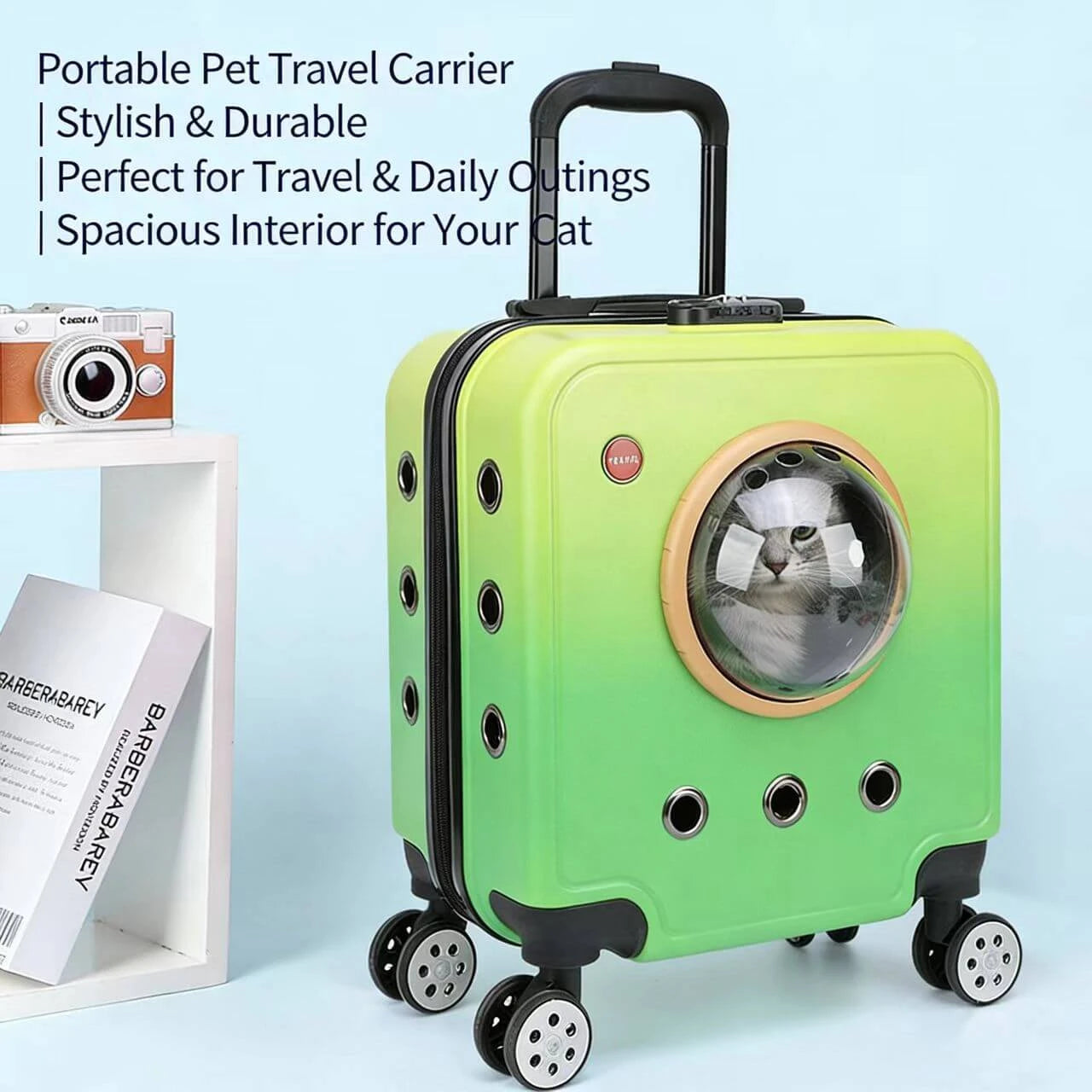 Rolling Pet Carrier Luggage - Clear Dome Window, Ventilated, Green Gradient