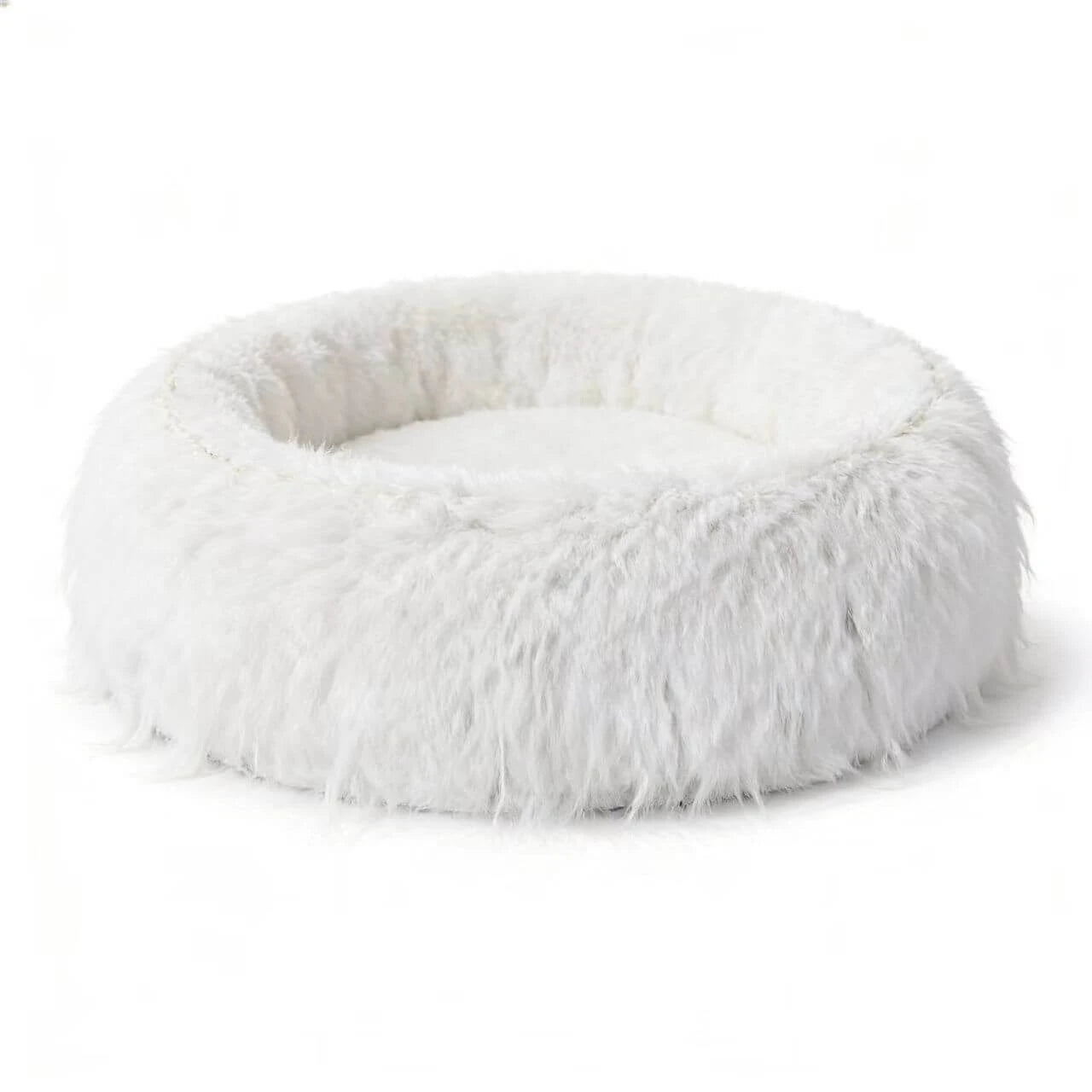 Soft Cozy Pet Bed for Cats - Donut Design, Fluffy Plush, White Round Nest