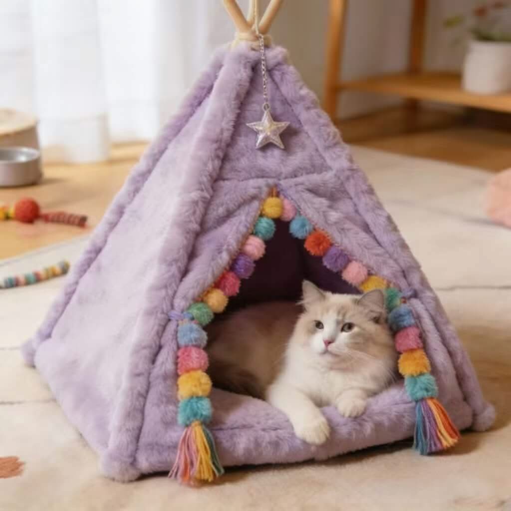 Pastel Pet Teepee Bed for Cats - Star Decor, Pom-Pom Trim, Plush, Purple, Cozy Hiding Spot, All-Season
