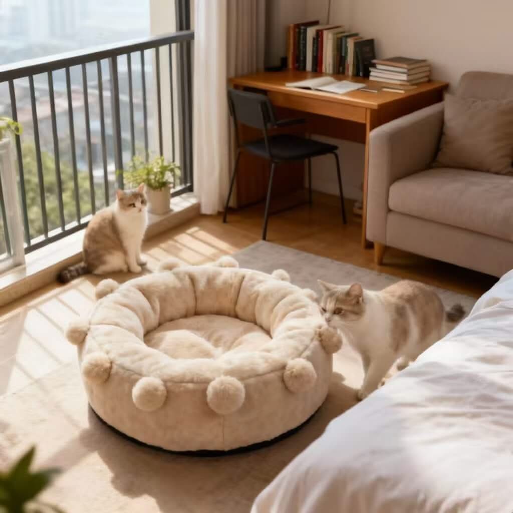 Fluffy Comfort Pet Bed for Cats- Pom-Pom Decor, Plush Fleece, Beige, All-Season