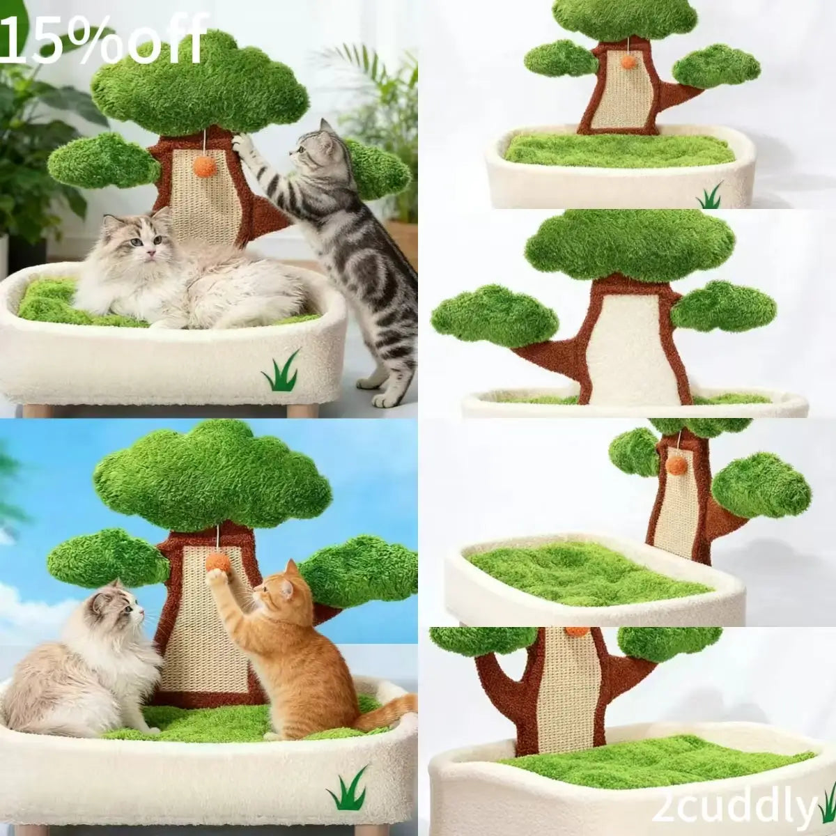 Tree-Themed Plush Cat Bed, White/Green, Scratching Post, Cat Rest & Play Spot