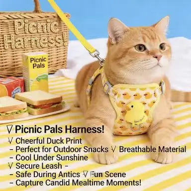 Escape-Proof Cat Harness & Leash: Duck Print, Plush Chick Accent