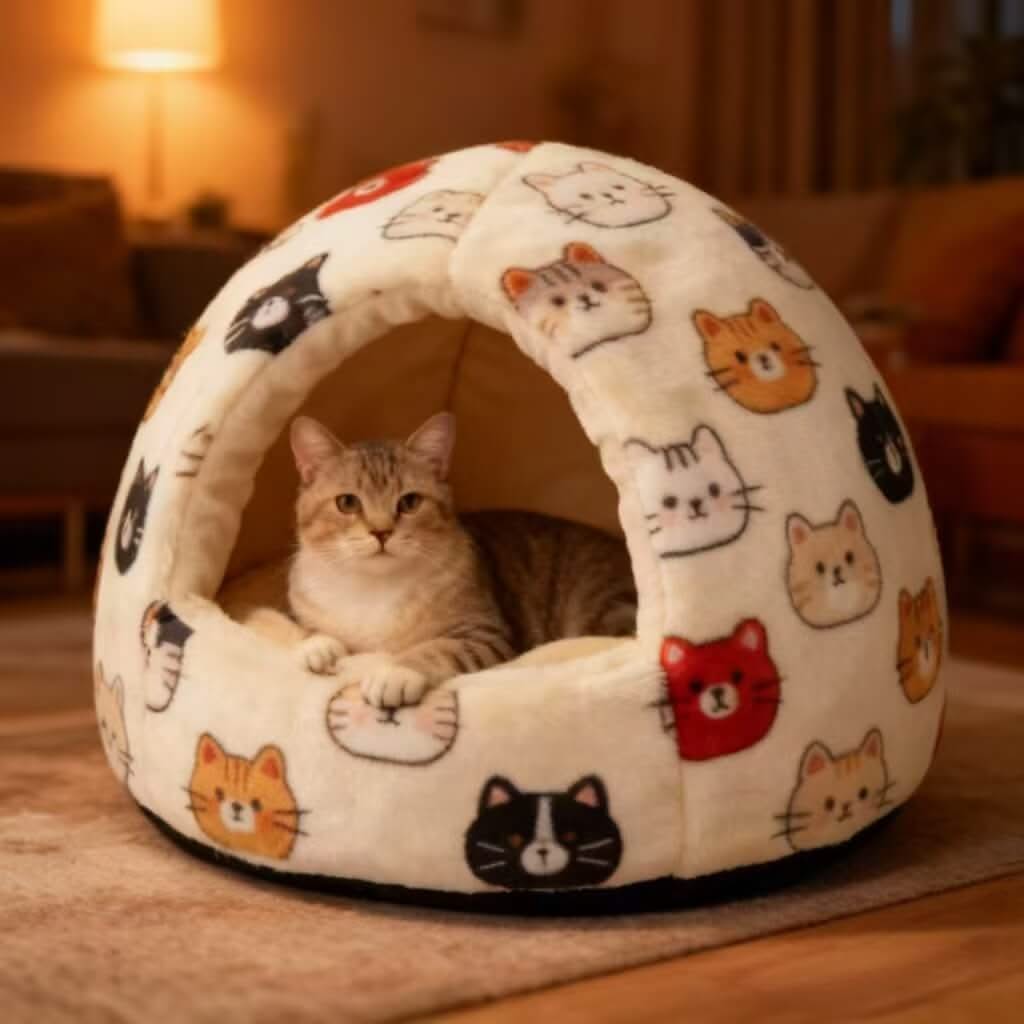 Adorable Cat-Print Pet Cave Bed for Cats - Plush, Cozy Hiding Spot, Multi-Cat Pattern, All-Season