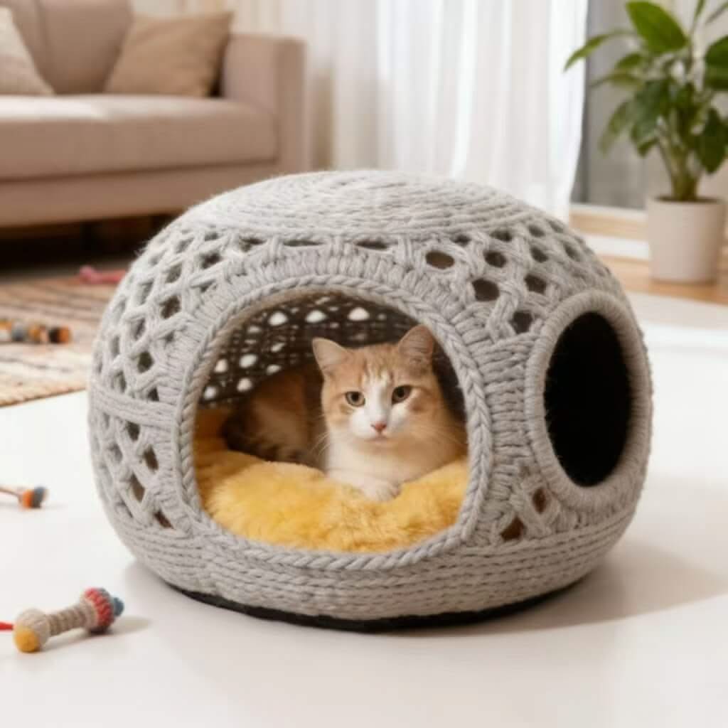 Crochet Pet Cave Bed for Cats - Gray, Breathable, Yellow Cushion, Cozy Hiding Spot