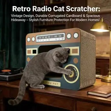 Nostalgic Radio Cat Scratcher: Sisal Surface, Cozy Hideaway, Retro Design (Blue-Brown)