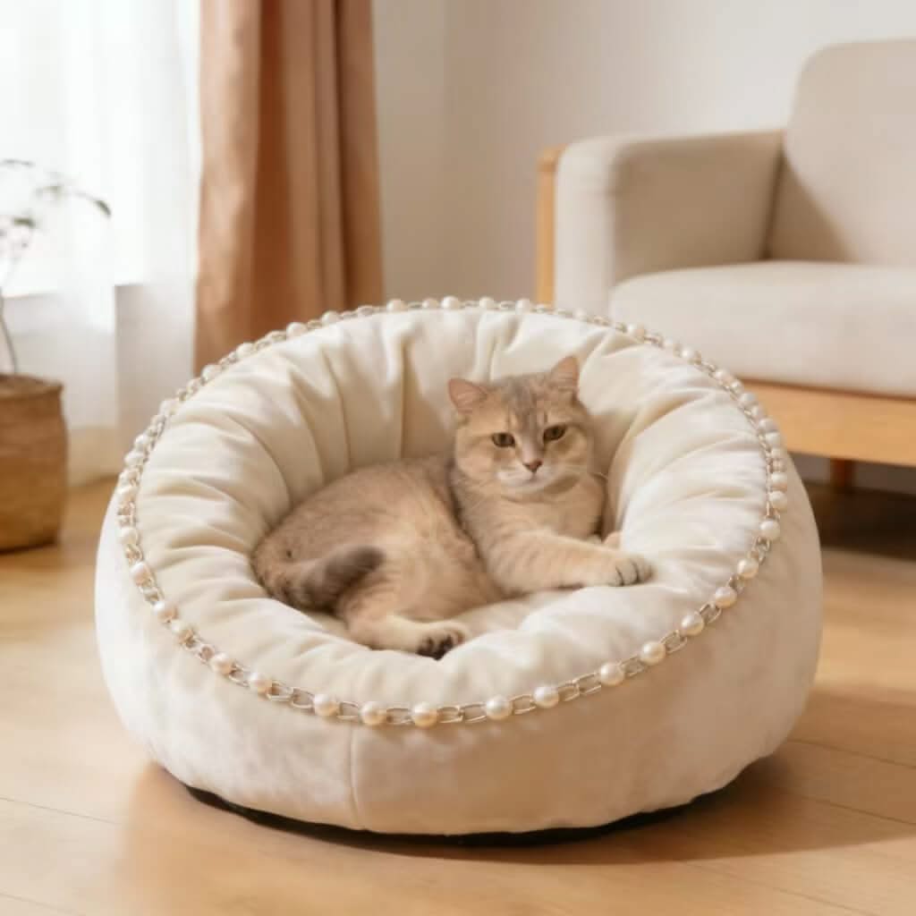 Luxury Pearl-Chain Pet Bed for Cats - Velvet, Cream, Round, Soft Cushion, All-Season