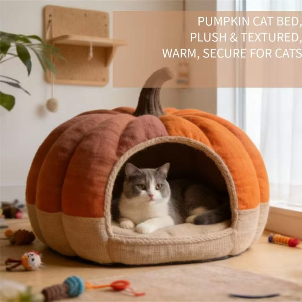 Pumpkin-Shaped Pet Cave Bed for Cats - Orange-Brown, Plush, Warm Secure Hiding Spot