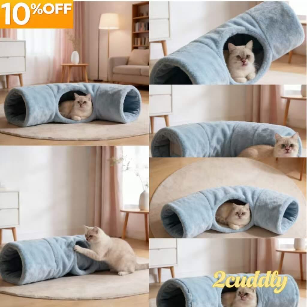 Soft Blue Pet Tunnel Bed for Cats - Plush, Multi-Entry, Cozy Play & Hide Spot, All-Season