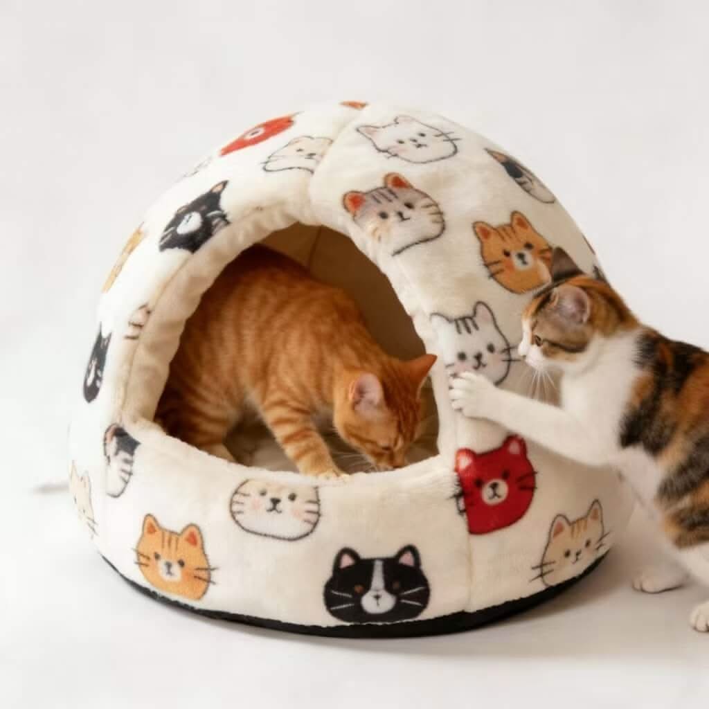 Adorable Cat-Print Pet Cave Bed for Cats - Plush, Cozy Hiding Spot, Multi-Cat Pattern, All-Season