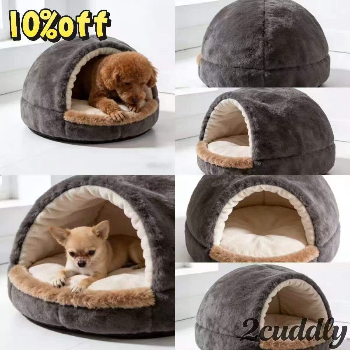 Cozy Pet Cave Bed for Dogs - Plush, Two-Tone, Gray-Beige, Warm Hiding Spot, All-Season