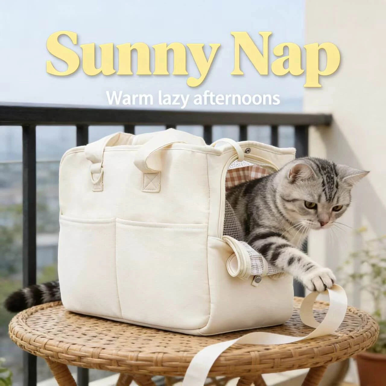 Multi-Pocket Pet Travel Tote - Ventilated, Durable Canvas, Beige