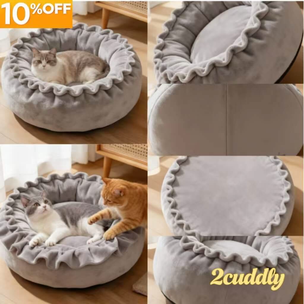 Soft Ruffled Pet Bed for Cats - Gray, Round, Plush Fabric, Cozy Cushion