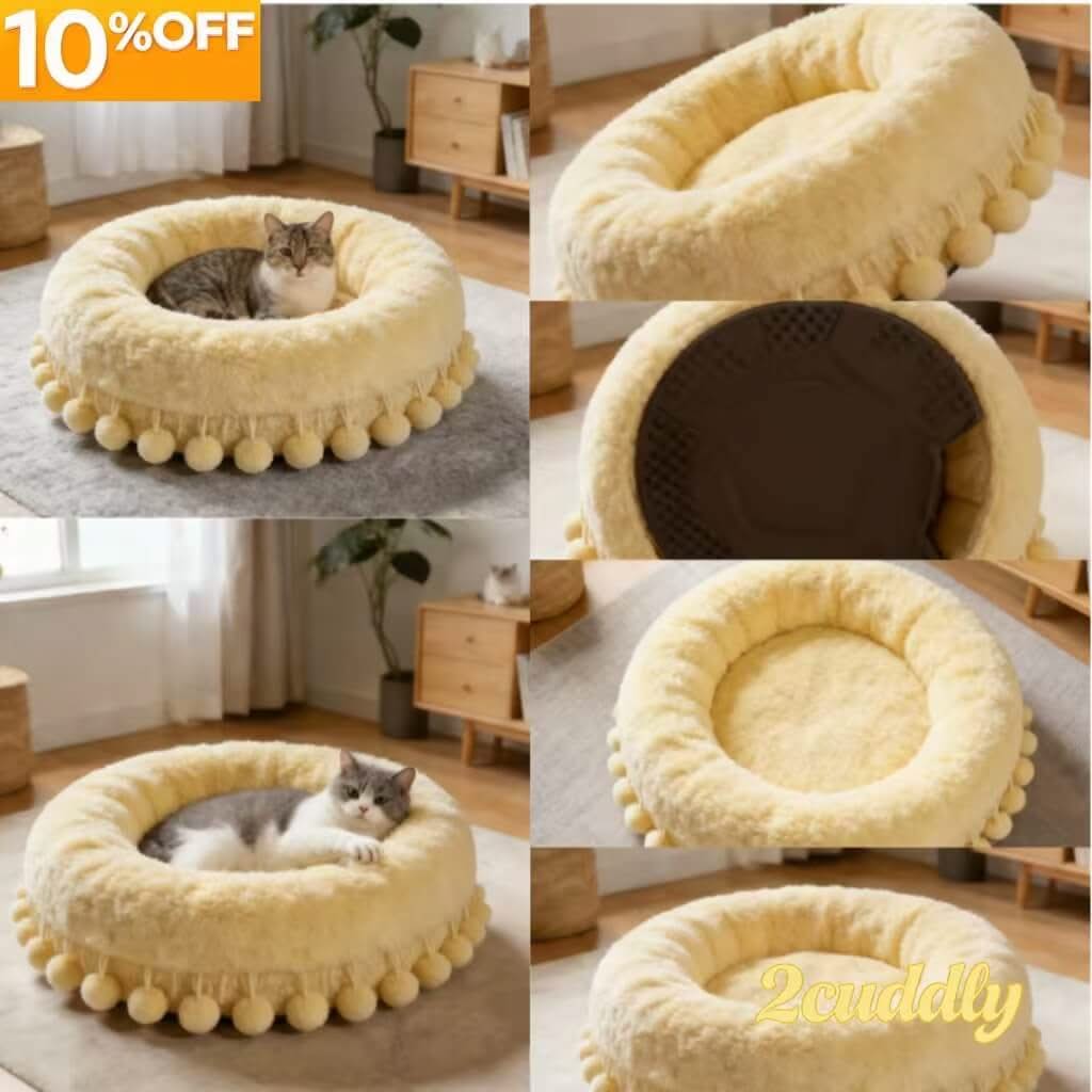 Plush Cozy Pet Bed for Cats - Cream, Round, Pom-Pom Trim, Soft Fleece Fabric