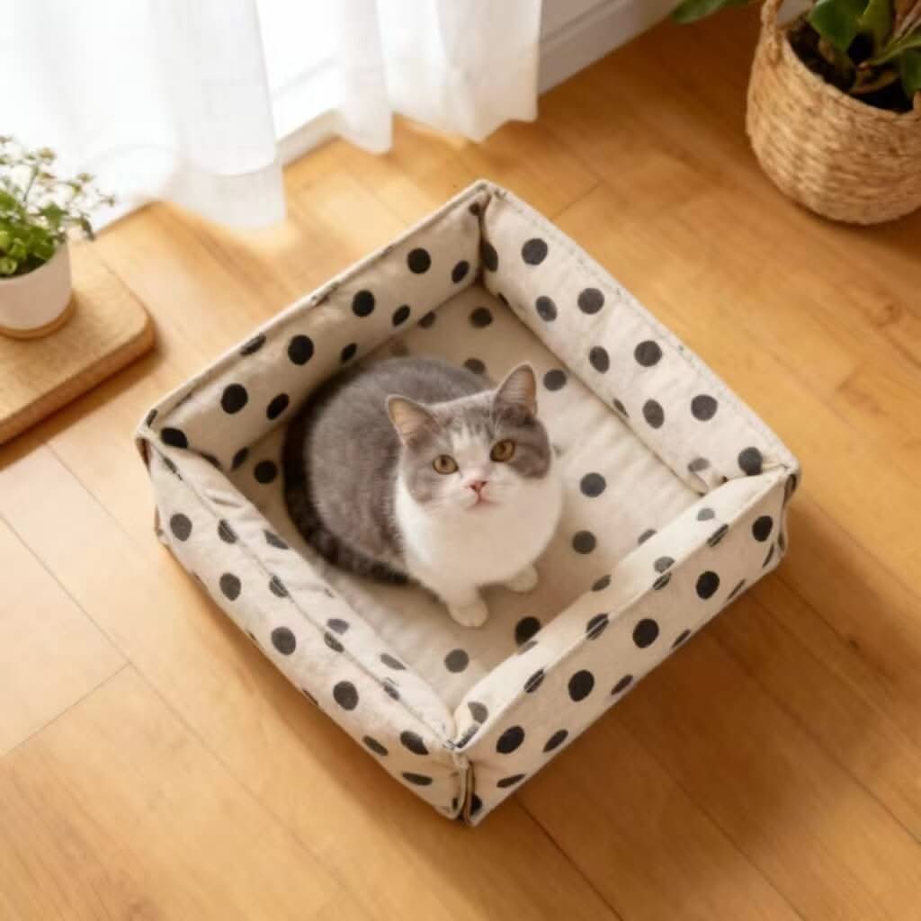 Polka Dot Pet Bed for Cats - Beige-Black, Square, Soft Fabric, Cozy Cushion, All-Season