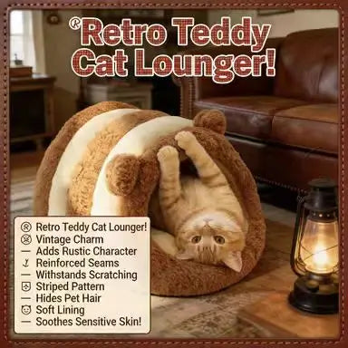 Bear-Ear Cat Bed: Cozy Hideaway, Striped Plush Surface (Brown-Beige)