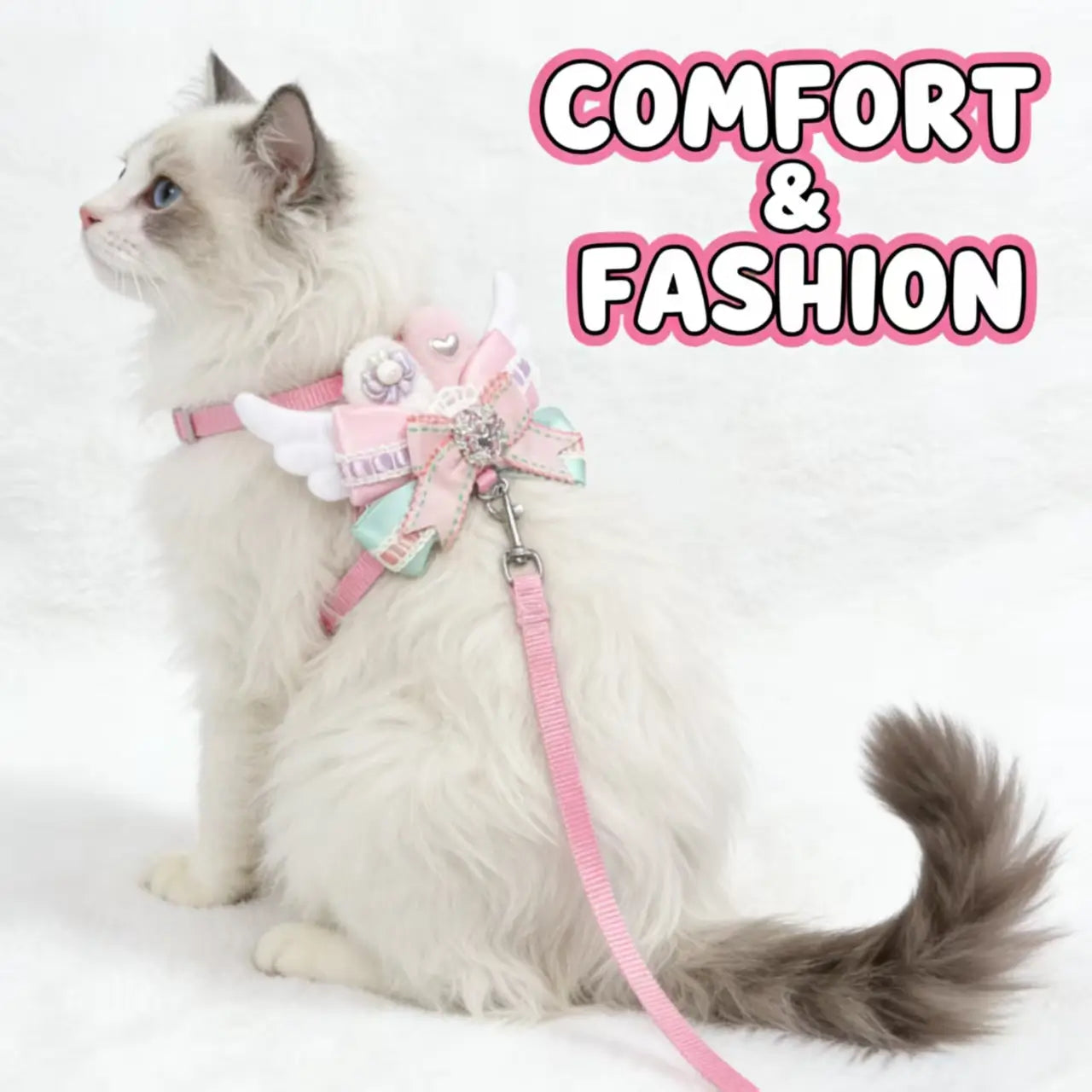 Escape-Proof Cat Harness & Leash: Angel Wing & Rhinestone Bow, Princess Style