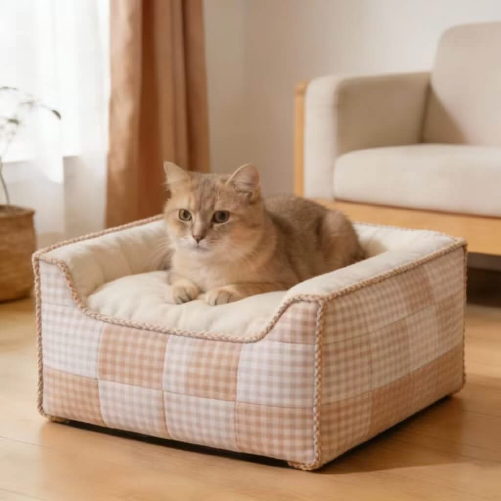 Checkered Patchwork Pet Bed for Cats- Soft, Beige-White, Cozy Cushion, All-Season