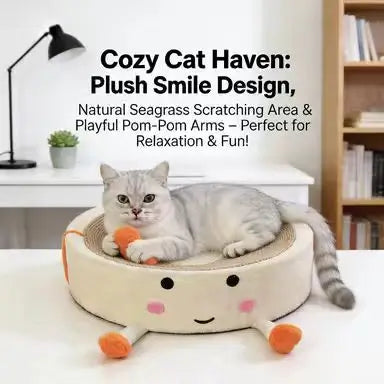 Smiley Cat Scratcher Bed: Seagrass Scratch Area, Plush Rest Space & Pom-Pom Toys