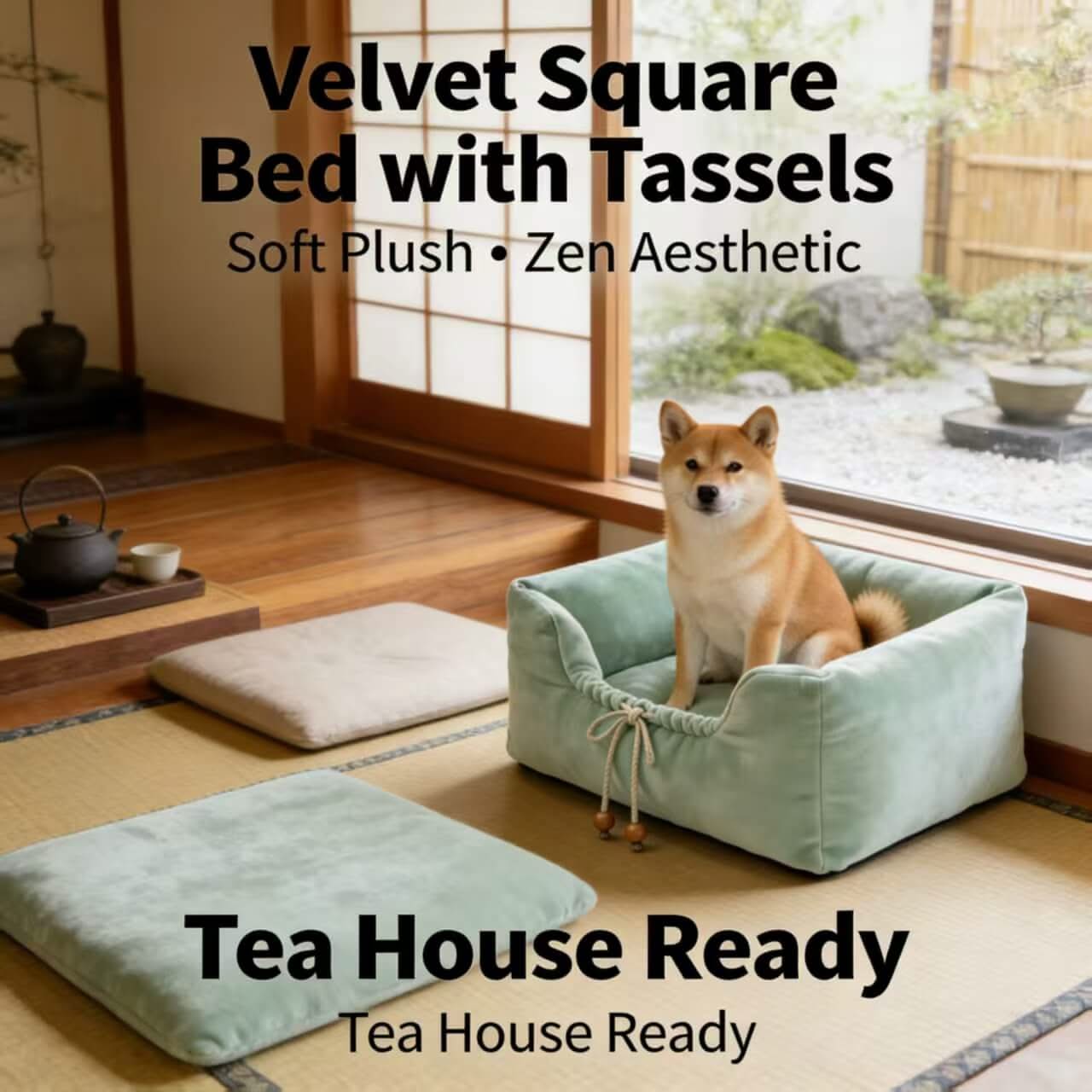 Tea-House Pet Bed for Dogs - Square, Mint Velvet, Tassels, Soft Plush, Zen Aesthetic