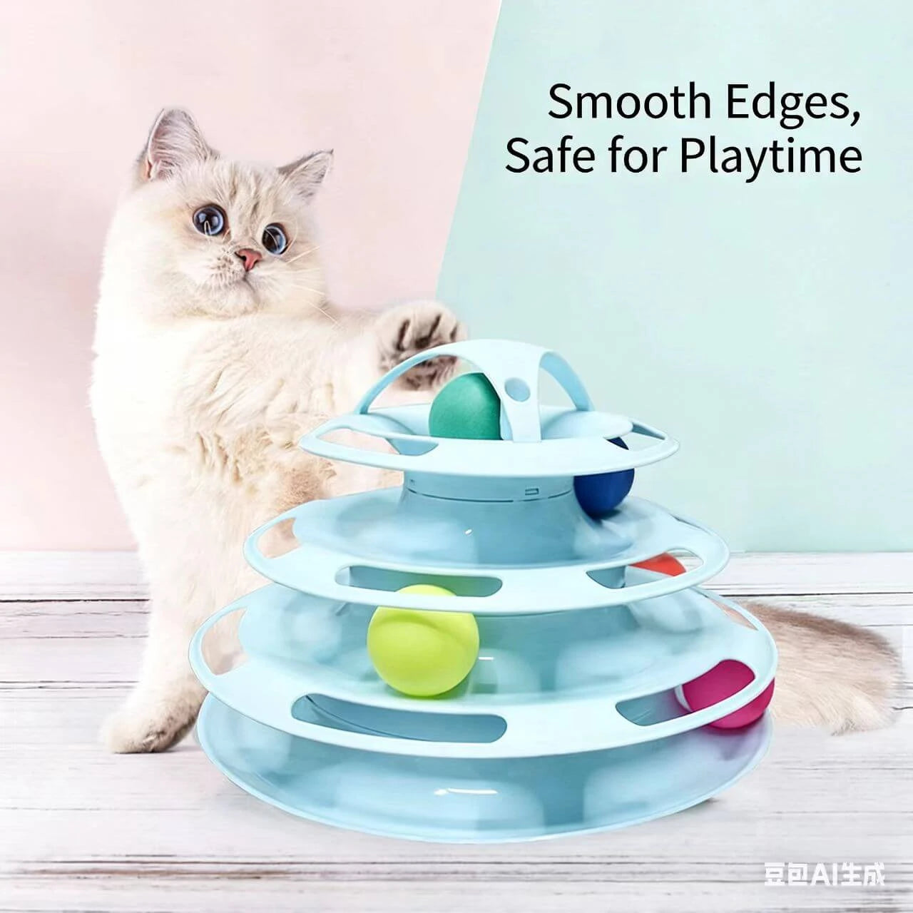 Tower Cat Toy - 5 Levels, Rolling Balls, Light Blue, Interactive Play