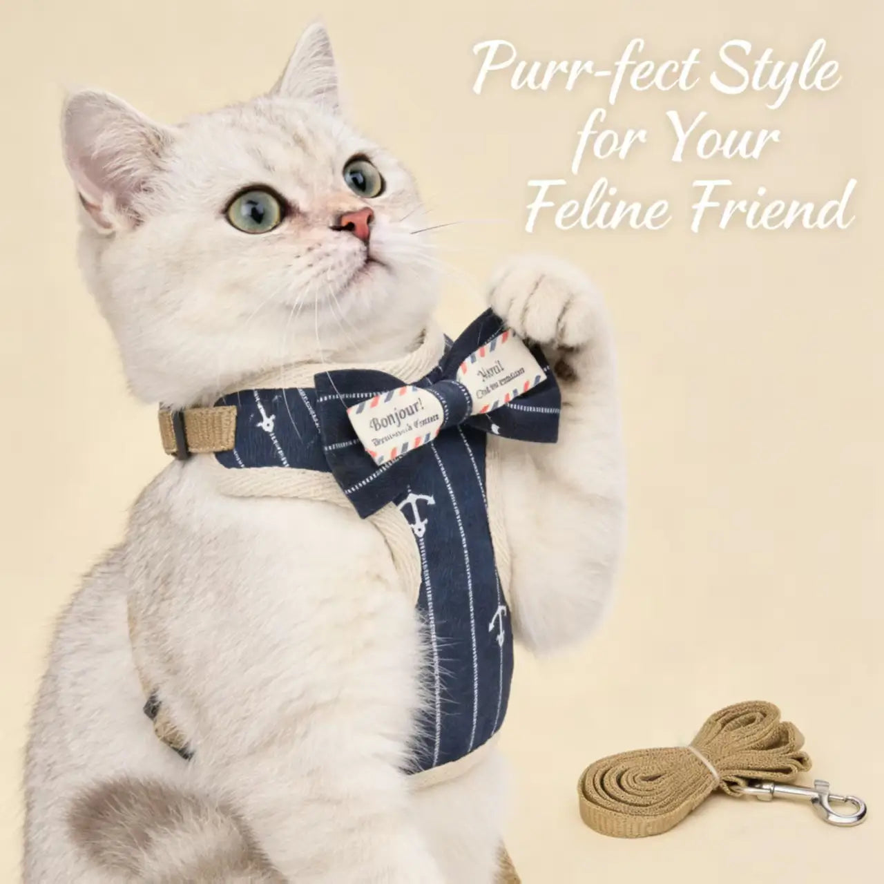Escape-Proof Cat Harness & Leash: Nautical Stripe & Anchor Print, Bow Accent