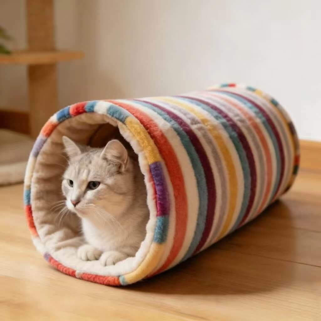 Cute Striped Pet Tunnel Bed for Cats - Fluffy, Colorful, Cozy Hiding Spot, All-Season