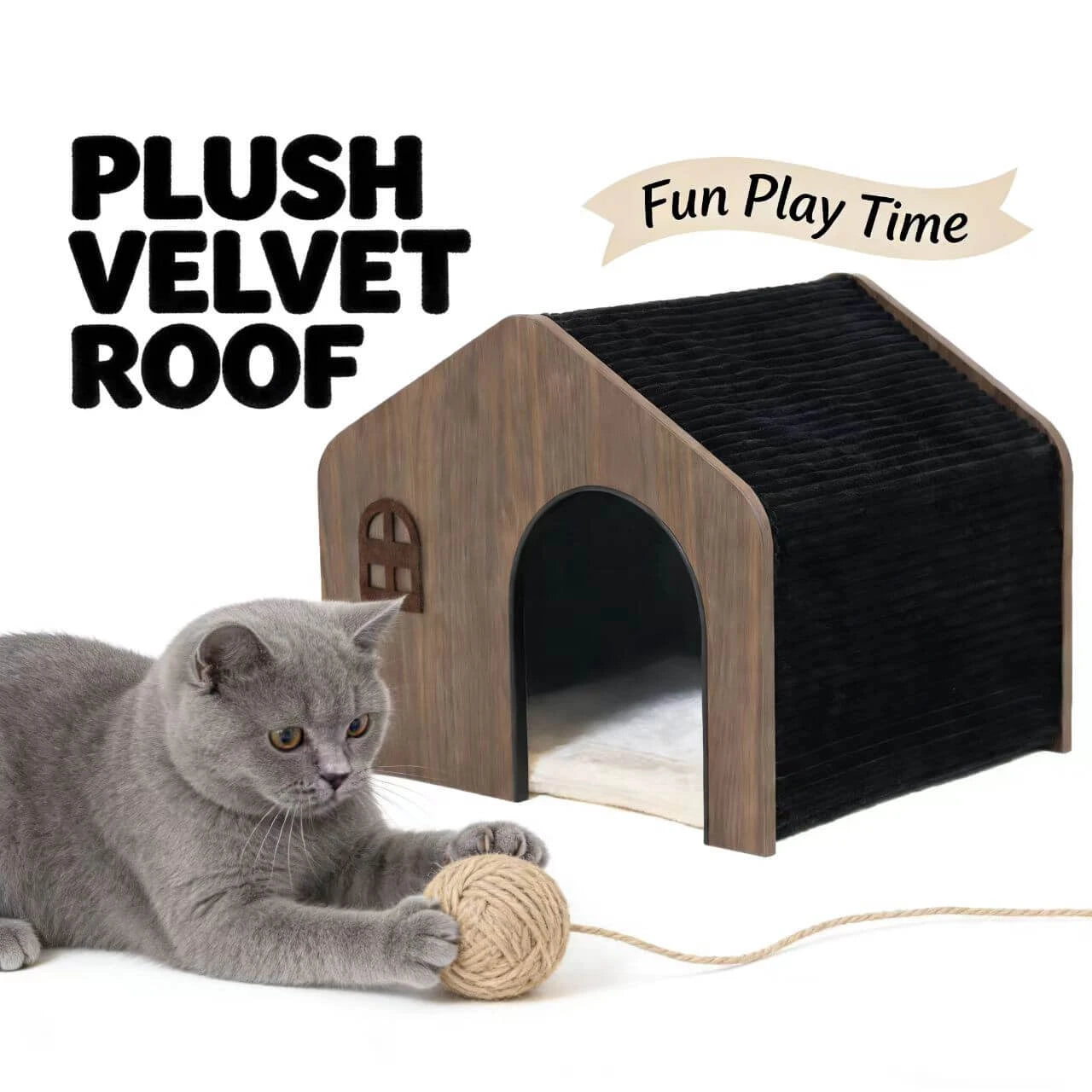 Sturdy Pet House for Cats - Cottage Design, Wood + Corduroy, Brown/Black Rest Space