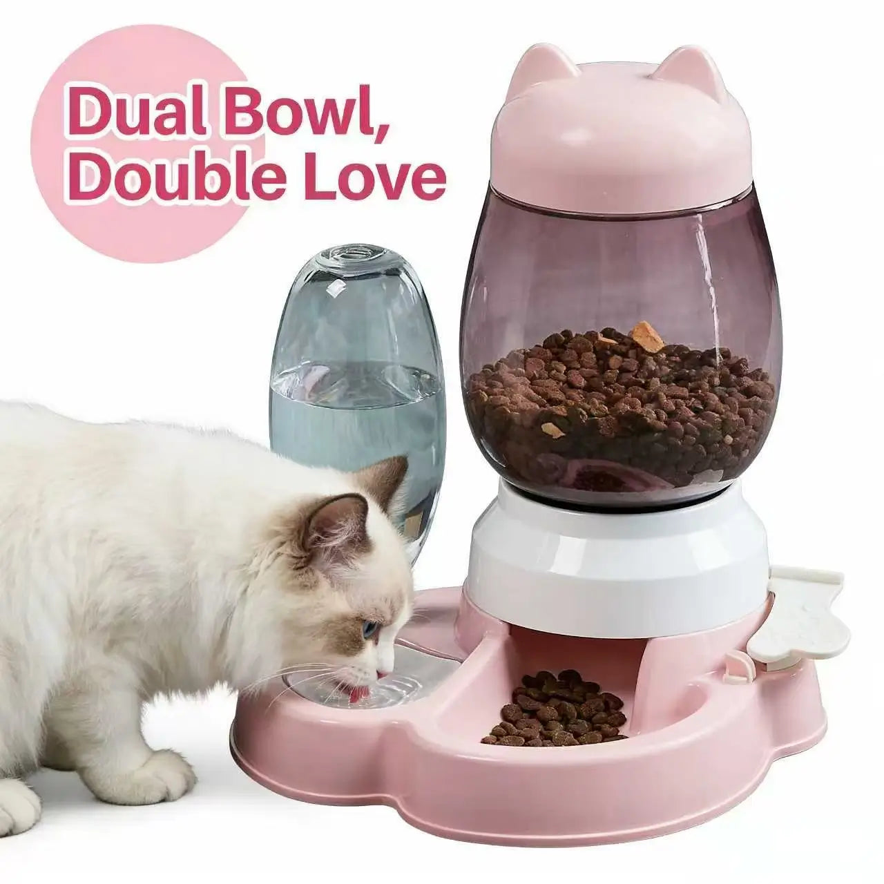 2-in-1 Cat Feeder & Waterer: Auto-Refill, Pet-Safe Design (Pink-White)