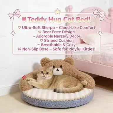 Teddy Bear Cat Bed: Cozy Rest, Striped Surface, Plush Design (Brown-Blue)