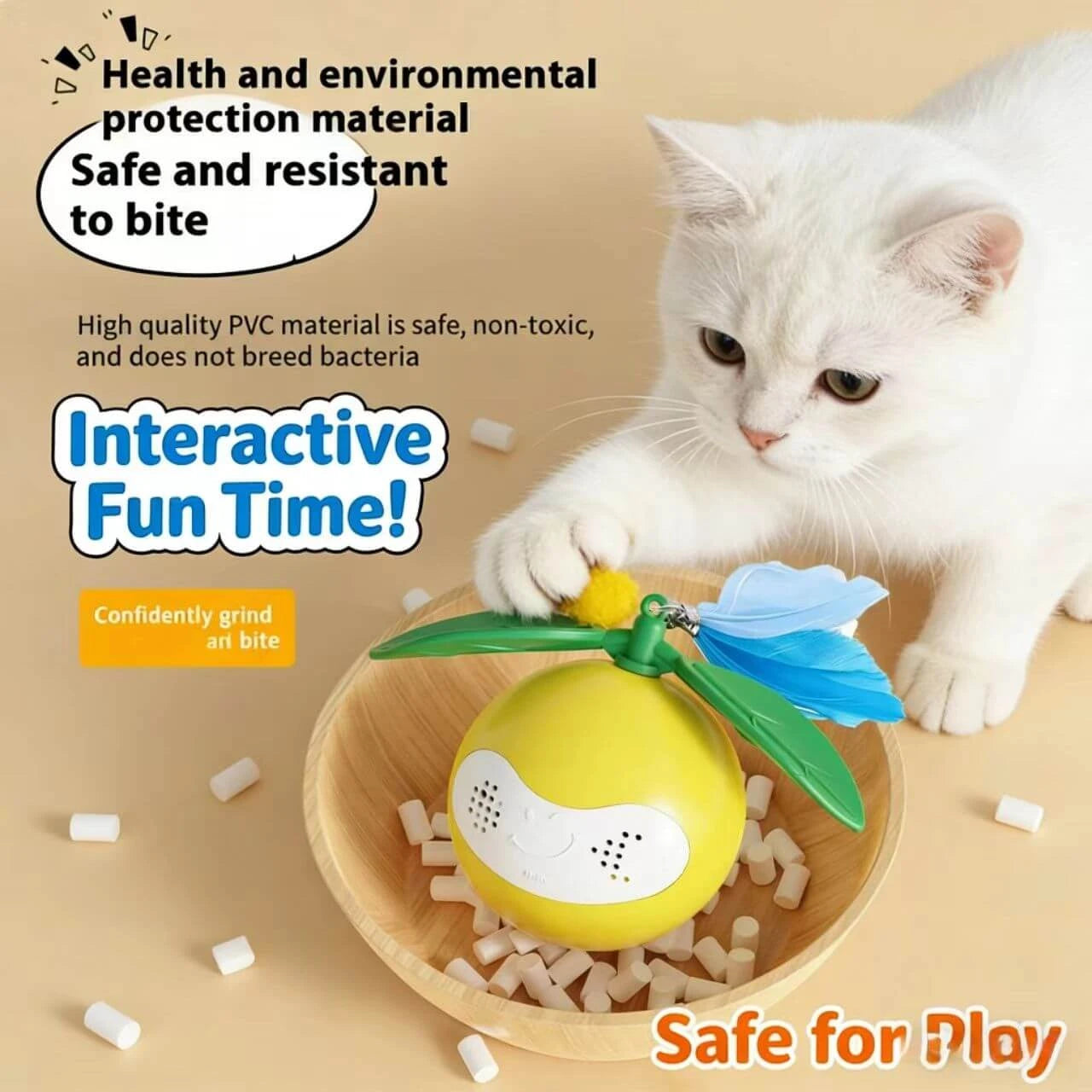 Durable Cat Chew Toy - Lemon Design, Feather Teaser, Non-Toxic PVC, Yellow