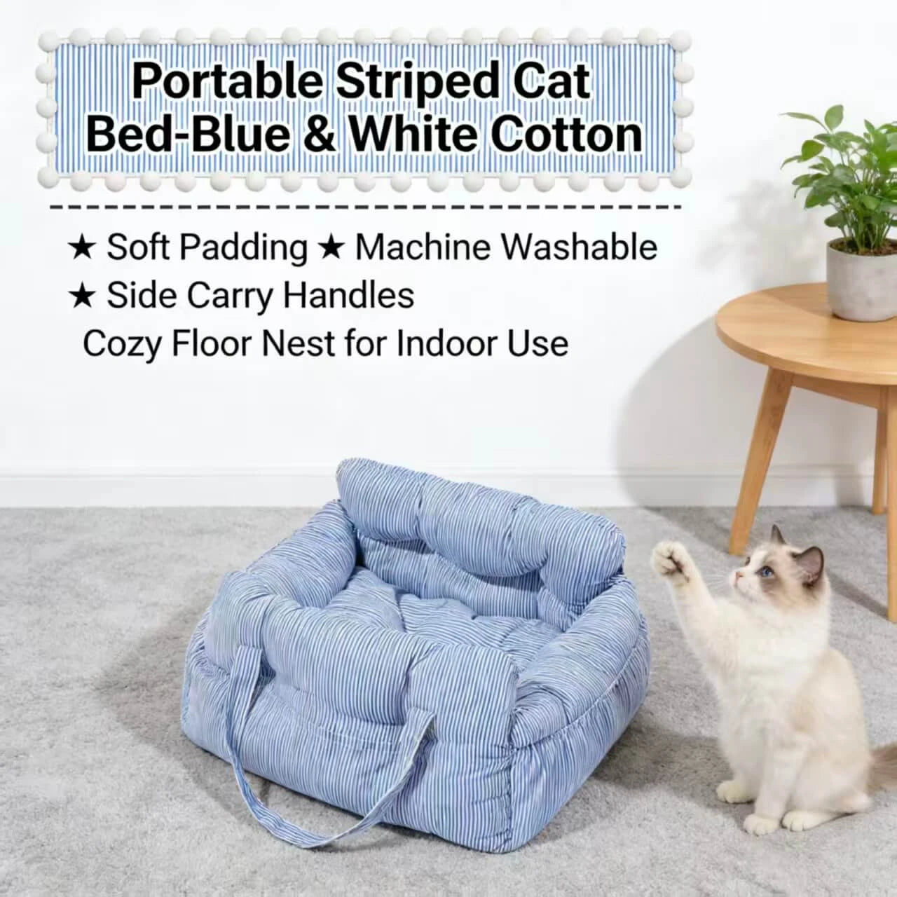 Soft Cushioned Pet Bed for Cats - Hanging Style, Cotton, Blue Stripe Rest Chair