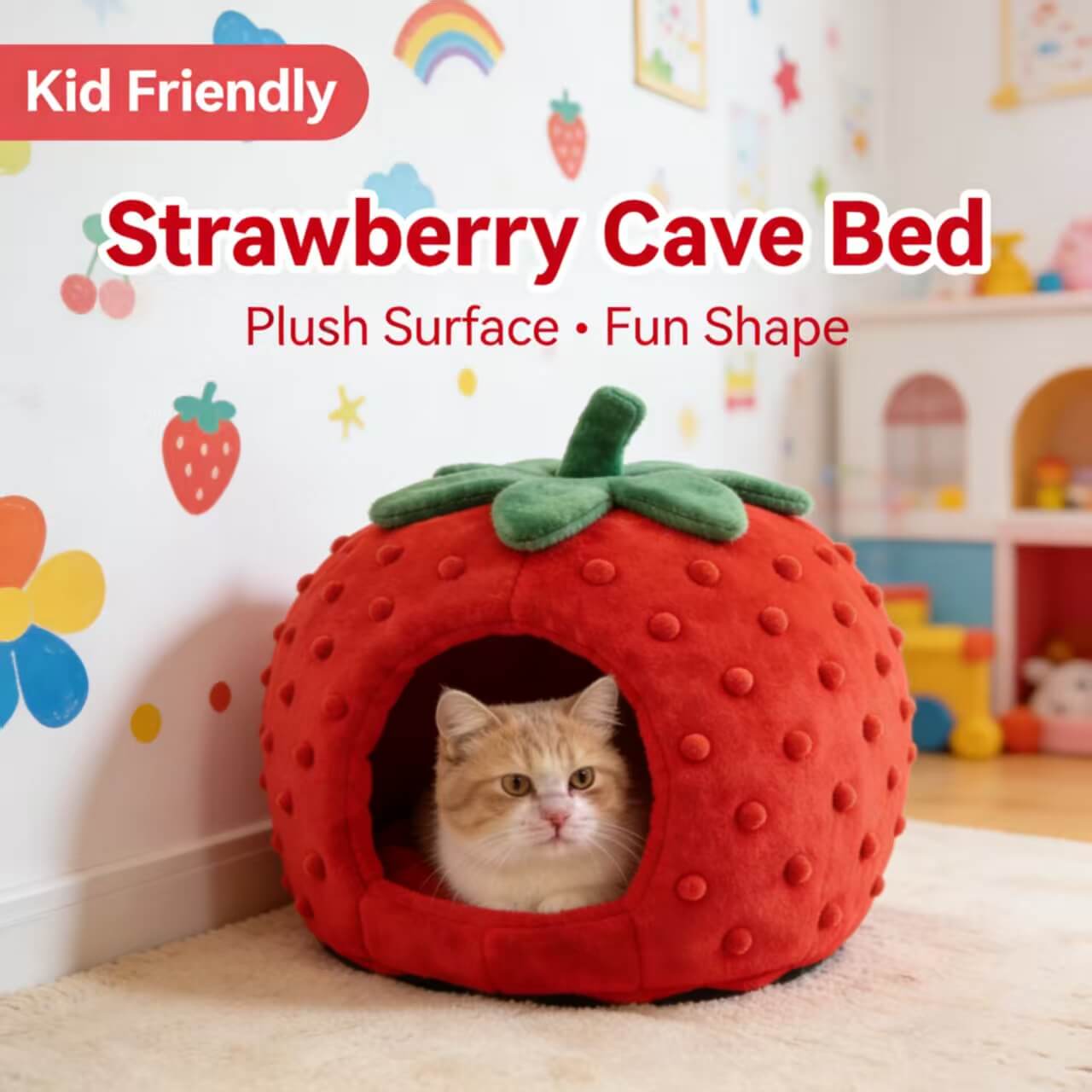 Strawberry-Shaped Pet Cave Bed for Cats - Red-Green, Plush, Cute Dot Decor