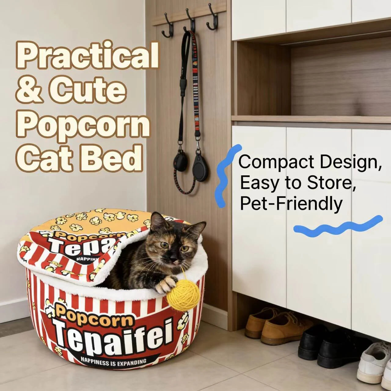 Warm Enclosed Pet Bed for Cats - Popcorn Design, Plush, Red Striped Rest Cave