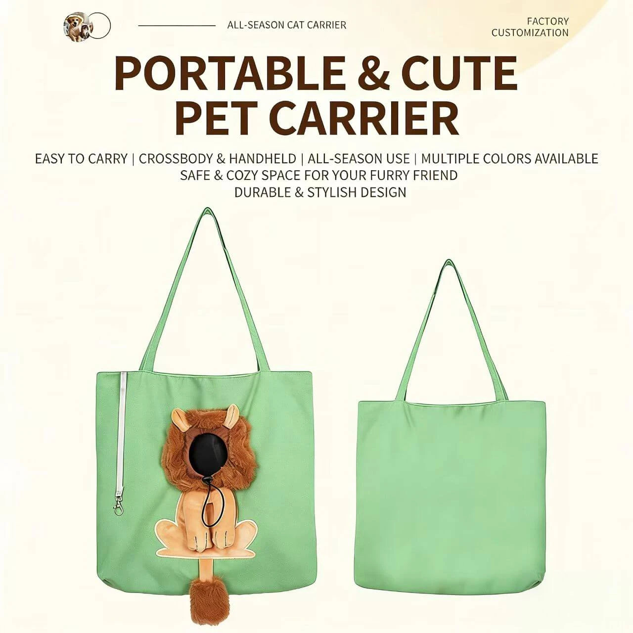 Portable Cat Carrier Tote - Peekaboo Window, Casual Style, Green
