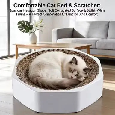 Hexagonal Cat Scratcher: Corrugated Cardboard, Stable Base, Modern White-Brown Design