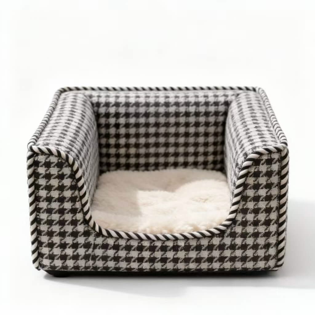 Stylish Cozy Pet Sofa for Cats - Black-White Houndstooth, Rope Trim, Plush Cushion