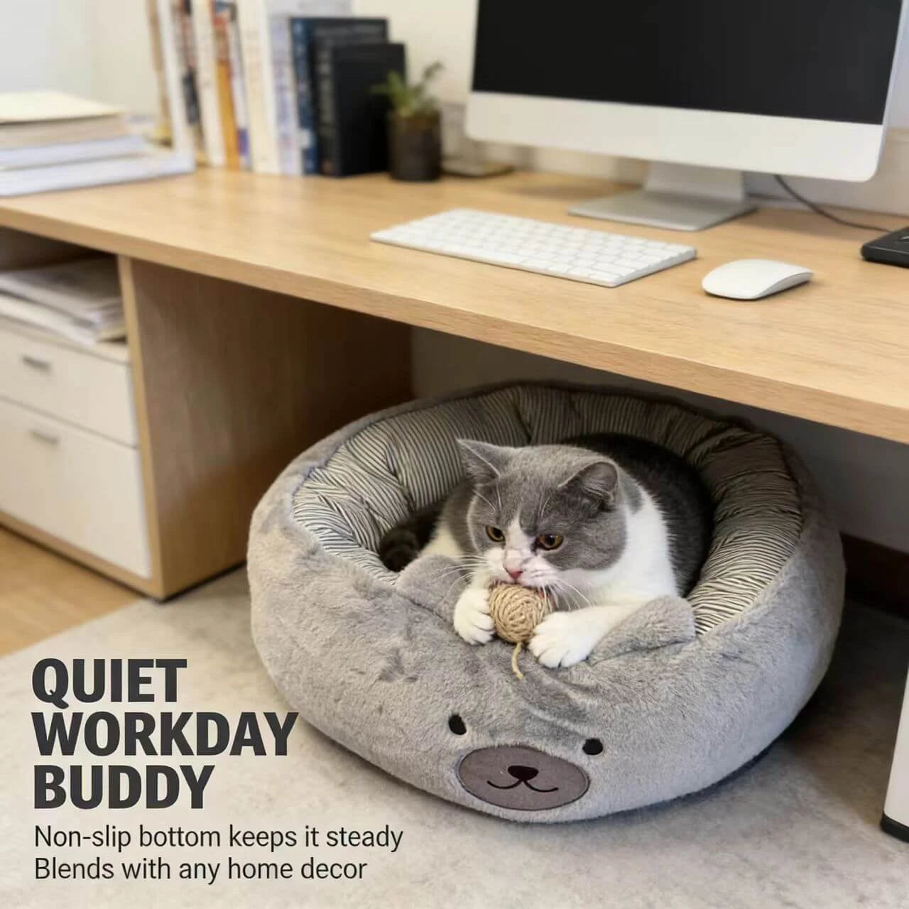 Cozy Plush Cat Bed - Bear Design, Striped Lining, Warm, Grey