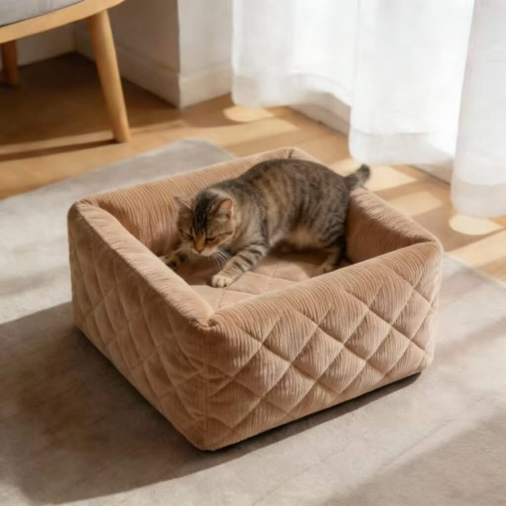 Cozy Pet Bed for Cats - Beige, Square, Corduroy Fabric, Quilted Design