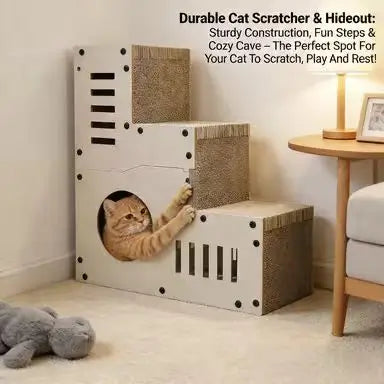 City-Style Cat Scratcher: Corrugated Surface, Hideaway, Multi-Level Rest (Beige)