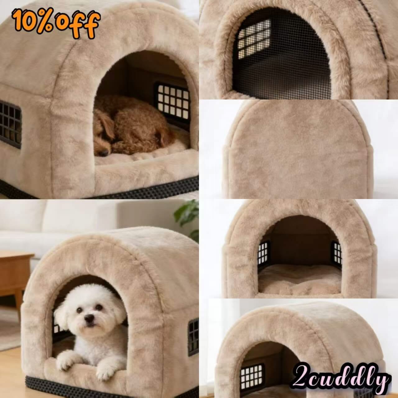 Enclosed Tent Dog Bed , Warm Fleece Window Design Beige for Small-Medium Dogs