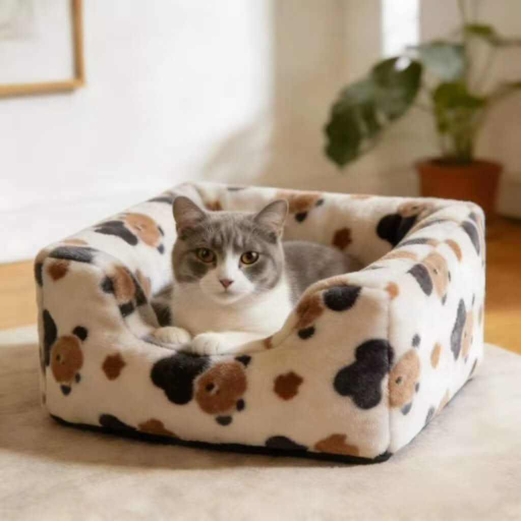 Paw-Print Pet Bed for Cats - White-Brown-Black, Plush, Square, Cozy Cushion, All-Season