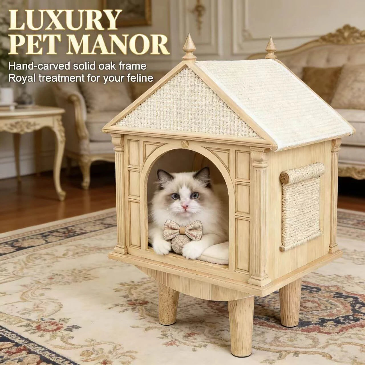 Elegant Wooden Cat House - Elevated Legs, Scratching Pad, Premium Pet Furniture