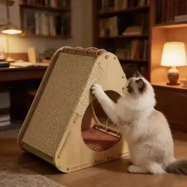 Triangle Cat Scratcher: Hideaway & Scratch, Wooden Frame, Durable Surface (Beige-Red)