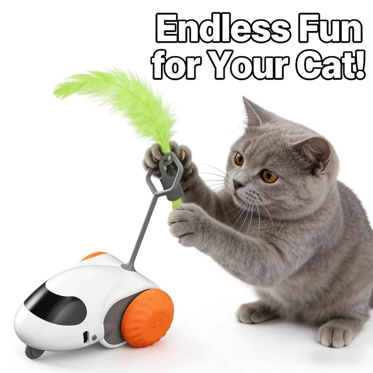 Robot Cat Teaser Toy - Auto-Rotating Feather, Interactive Play, White & Orange